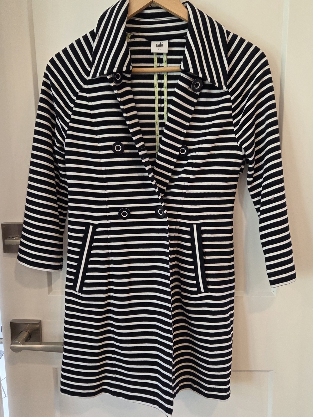 Cabi Navy White Striped Knit Coat Jacket XS Nautical Double Breasted Preppy